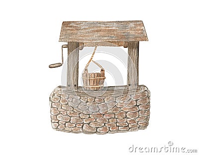 Watercolor illustration of a well. Country life. Cartoon Illustration