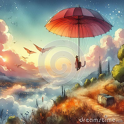A watercolor illustration of a whimsical flying umbrella as a m Cartoon Illustration