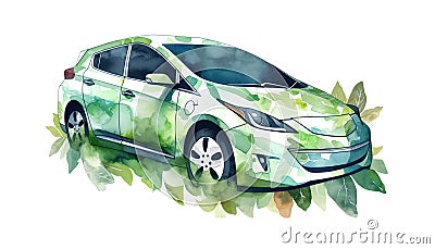 Watercolor illustration of white modern car amidst green foliage Cartoon Illustration