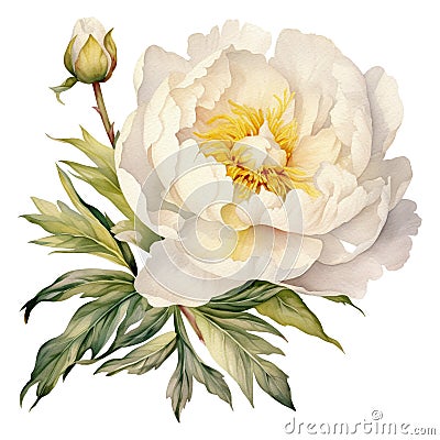 Watercolor illustration of a white peonies with leaves floral element isolated on white background Cartoon Illustration