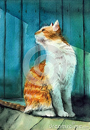 Watercolor illustration of a white and red tabby cat Cartoon Illustration