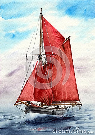 Watercolor illustration of a white yacht with bright red sails Cartoon Illustration