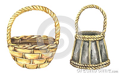 Watercolor illustration - wicker baskets collection for wedding stationary, greetings, wallpapers, background. Roses Cartoon Illustration