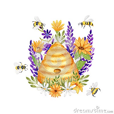 Watercolor illustration with a wild Beehive in Lavender, Chamomile and Sunflower flowers. Bees, wild flowers and grass Cartoon Illustration