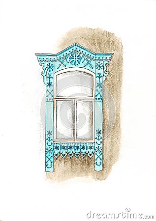 Old rustic window. Watercolor and pencils hand drawn illustration Cartoon Illustration