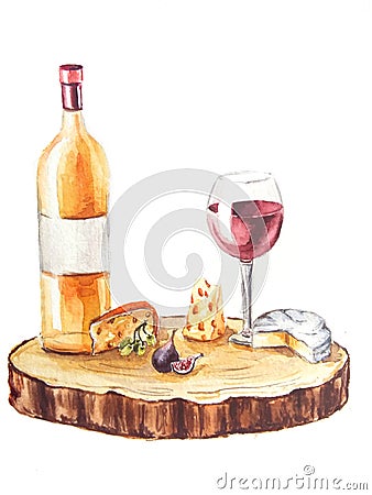 Watercolor illustration Wine and cheese Cartoon Illustration