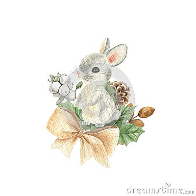 Watercolor illustration of a winter composition bunny Cartoon Illustration