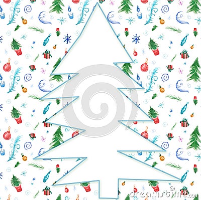 Watercolor illustration for winter holidays decor with christmas trees, snowflakes, gifts and balls Cartoon Illustration