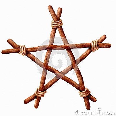Watercolor illustration of a witchcraft symbol of a pentagram made from five branches. Cartoon Illustration