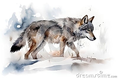 Watercolor illustration of a wolf on the background of a snowy landscape Cartoon Illustration
