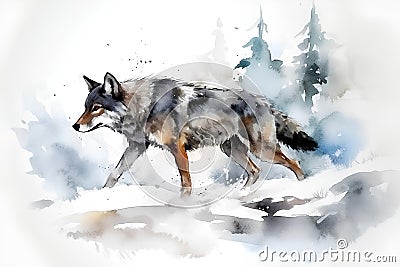 Watercolor illustration of a wolf in the winter forest on a white background Cartoon Illustration
