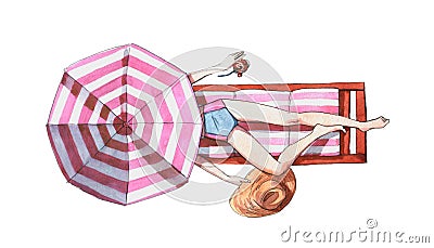 Watercolor illustration of a woman on a beach lying on a sunbed under umbrella holding hat and tropical Cartoon Illustration