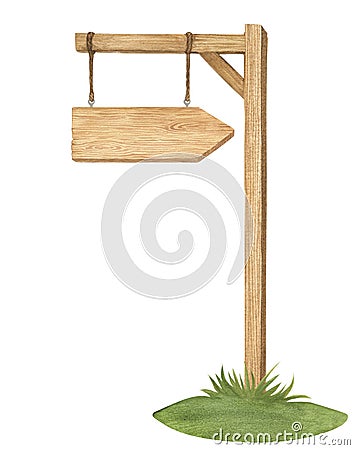 Watercolor illustration of wood sign holder, wooden arrow-shaped plank or direction pointer signpost on grass isolated Cartoon Illustration