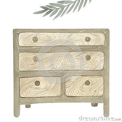 Watercolor illustration of a wooden chest of drawers on a white background Modern Boho style piece of furniture Cartoon Illustration