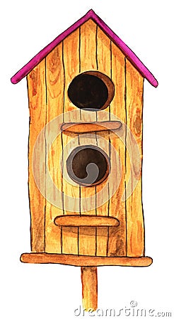 Watercolor illustration, wooden two-story welder with a pink roof. Cartoon Illustration