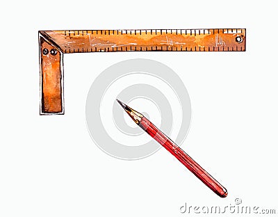 Watercolor illustration.Working measuring tools of the construction concept.Metal ruler and pencil. Isolated on a white background Cartoon Illustration