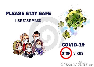 Watercolor illustration, world quarantine-CAVID 19 coronavirus infection, protective masks, protective clothing Cartoon Illustration