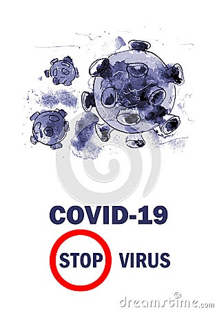 Watercolor illustration, world quarantine monochrome image of CAVID-19 coronavirus infection isolated on a white Cartoon Illustration