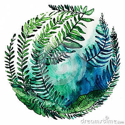 Watercolor illustration of a wreath of ferns in the form of a circle. AI Generated Cartoon Illustration