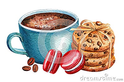 watercolor illustrations, Christmas sweets, cookies with chocolate, macaroons and coffee Cartoon Illustration