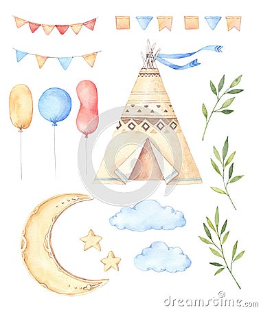 Watercolor illustrations - Kids tent, moon and stars, balloons, Cartoon Illustration