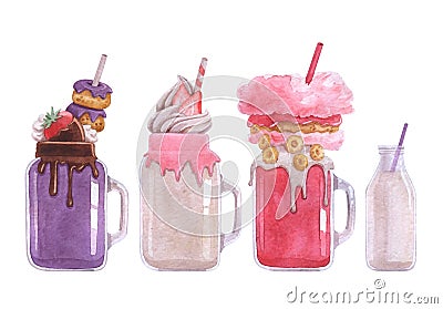 Watercolor illustrations milkshakes. Set of sweet drinks Cartoon Illustration