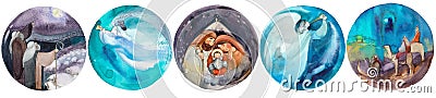 Watercolor illustrations with the nativity scene of St. Mary, Joseph and Jesus in a manger, three wise men on camels, shepherds Cartoon Illustration