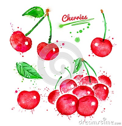 Watercolor illustrations set of cherries Cartoon Illustration