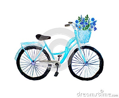 Watercolor ilustration of blue retro bicycle with flowers in a basket, isolated on white Stock Photo