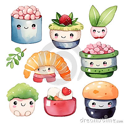 Watercolor ilustration with set of kawaii sushi on transparent background, AI Stock Photo