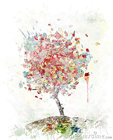 Watercolor Image Of Autumn Tree Stock Photo