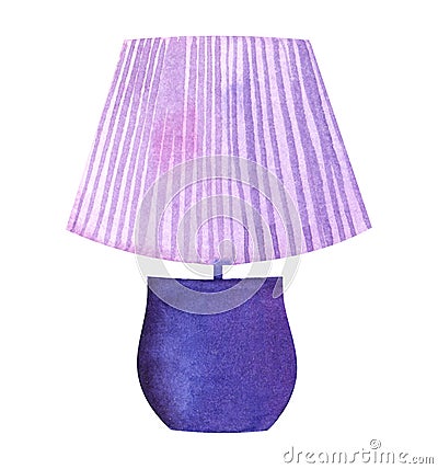 Watercolor image of classical table lamp isolated on white background. Light lilac fluted lampshade on deep blue basing. Hand Cartoon Illustration