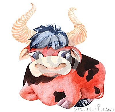 Watercolor image of cute cartoon red and black bull isolated on white background. Domestic animal with big curious eyes and big Cartoon Illustration