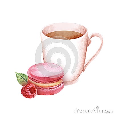 Watercolor image of pink macaroon with ripe raspberry and light pink mug filled with tea isolated on white background. Hand drawn Stock Photo