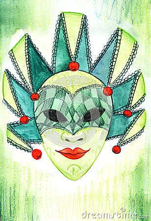 Watercolor image of Venetian ornate mask of green shades with mysterious smile on bright red lips. Traditional Cartoon Illustration