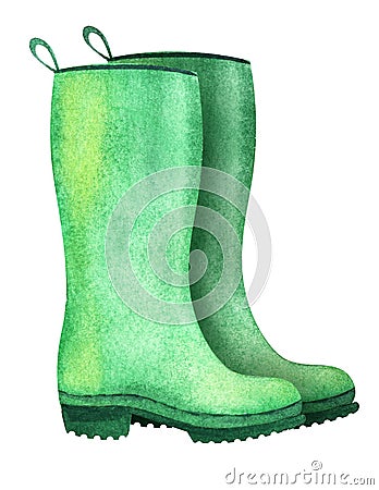 Watercolor image of wellingtons isolated on white background. Pair of green rubber boots with ribbed sole. Hand drawn Cartoon Illustration