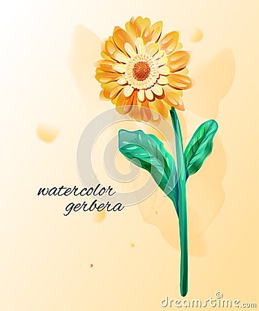 Watercolor imitation of yellow gerbera. Single flower with paint Cartoon Illustration