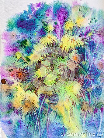 Watercolor, impressionism, yellow flowers on a blue background, dandelions Stock Photo