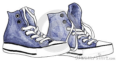 Watercolor indigo denim sneakers pair shoes isolated vector Vector Illustration