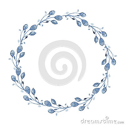 Watercolor indigo floral wreath with twig, branch and abstract leaves Cartoon Illustration