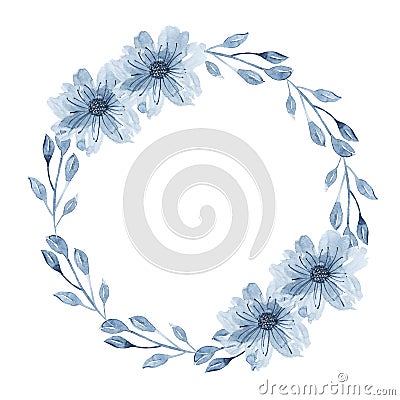 Watercolor indigo floral wreath with twig, flowers, branch and abstract leaves Cartoon Illustration