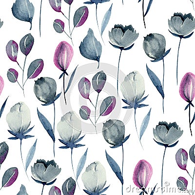 Watercolor indigo flowers seamless pattern on a white background Stock Photo