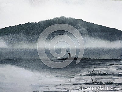 Watercolor ink landscape the man fishing Editorial Stock Photo