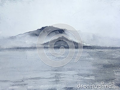 Watercolor ink landscape mountain fog Stock Photo