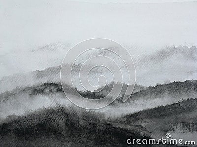 Watercolor ink landscape mountain fog Editorial Stock Photo