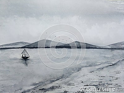 Watercolor ink landscape sea fishing sail boat to coast and island mountains fog birds flying in the sky. traditional oriental. as Editorial Stock Photo