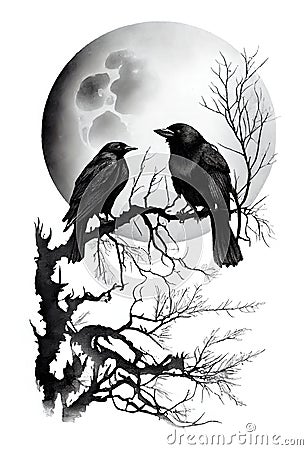 Watercolor ink of Odins raven sitting on twigs in tree Stock Photo