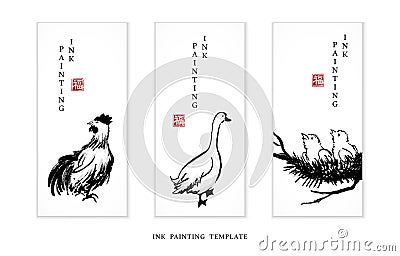 Watercolor ink paint art vector texture illustration avian collection cock dock and fledgling. Translation for the Chinese word : Vector Illustration