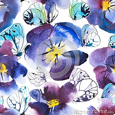 Watercolor and Ink Seamless Pattern Violet and Blue Flower of Pansy and White butterflies. Hand drawn design. Stock Photo