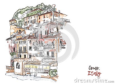 Watercolor ink Sketch of Como city, Lombardy, Northern Italy. Lake Como, Lario view. Italian Sightseeing. Travelling in Cartoon Illustration